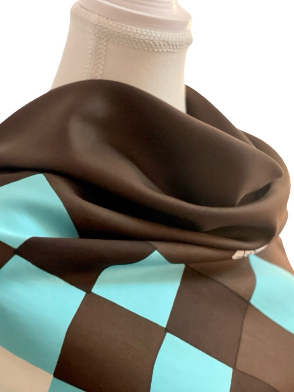 Yves Saint Laurent Scarf Brown Turquoise Geometric 33 x 33 - Picture 3 of 8